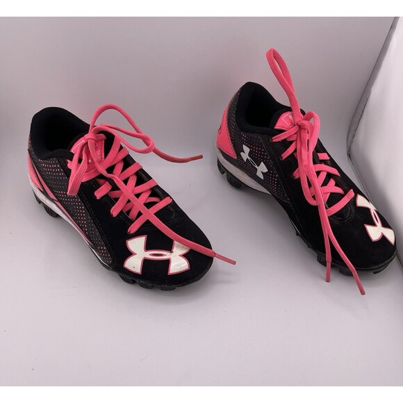 Under Armor Cleats Kids Size 12K Black Pink Lead Off Baseball Shoes - Picture 3 of 7